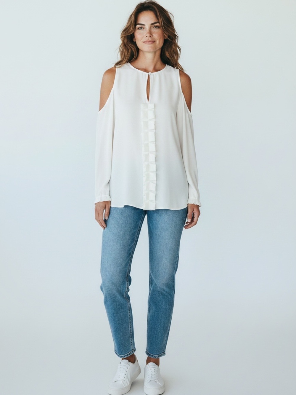 Theory Ivory Cold Shoulder Minimalist Stretch Crepe Blouse Size Medium